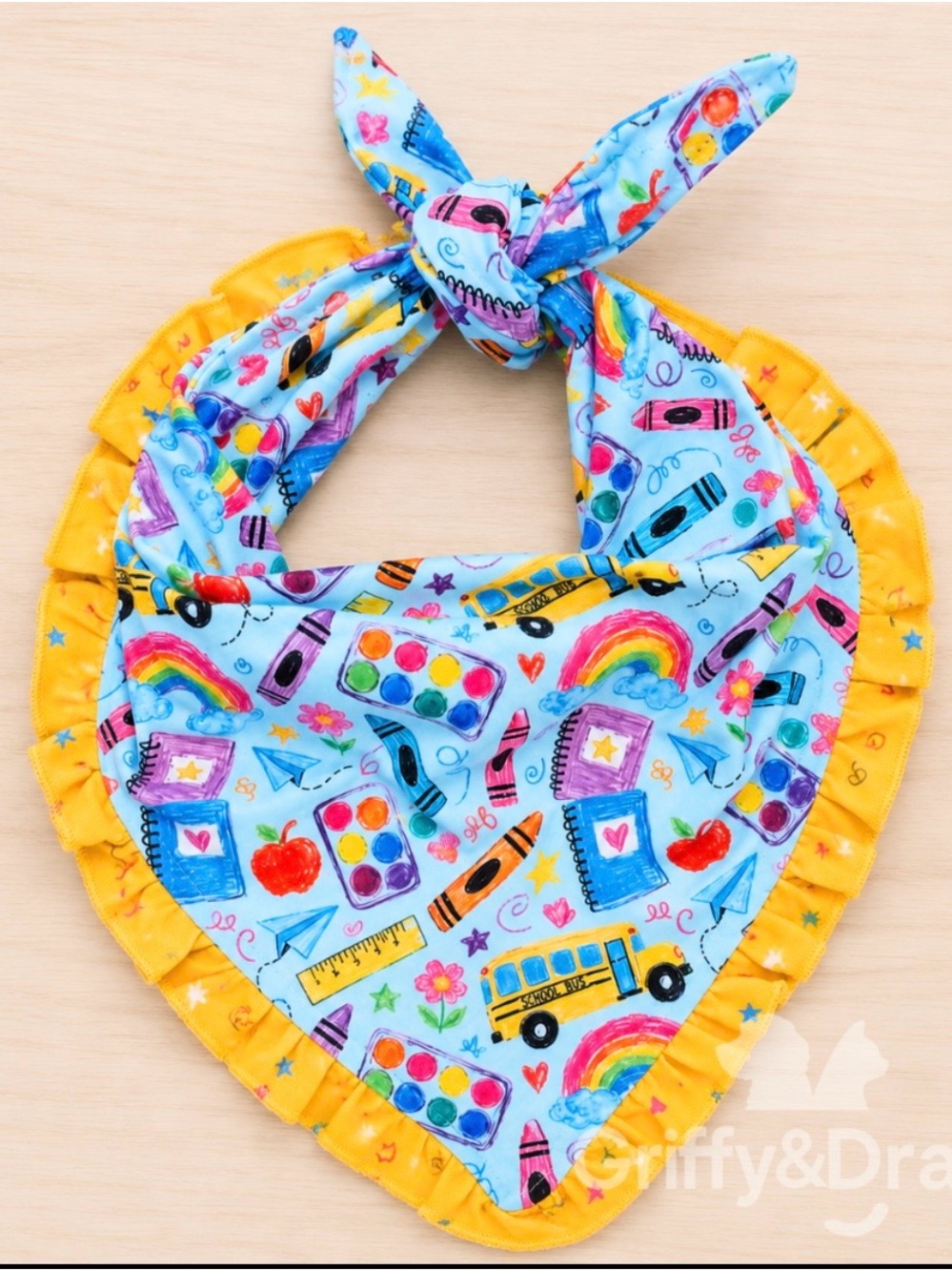 School Days Ruffle Bandana Bib in Blue with Yellow Trim Super Cute